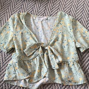 Pacsun Floral Satin Tie-Front Top - Green and Yellow